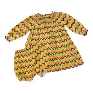 Chevron Thanksgiving Halloween Long Sleeve Smocked Dress + Bloomers Outfit 24m